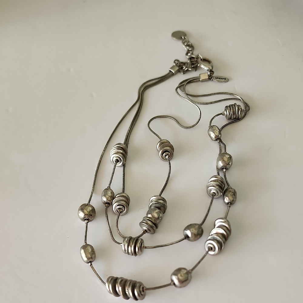 CHICO'S 3 Strand Layered Silver-Tone Beaded Necklace